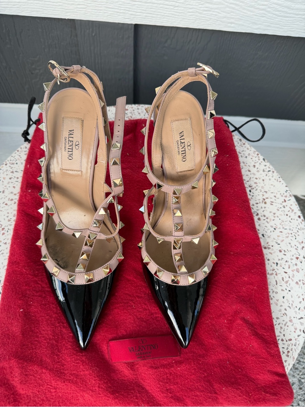 Valentino Garavani Black Patent with Nude Rockstud T-Strap Pumps